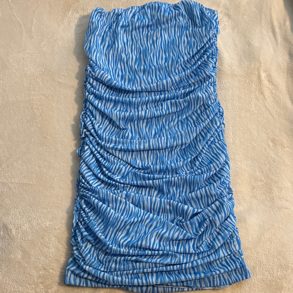 Blue and White Ruched Dress